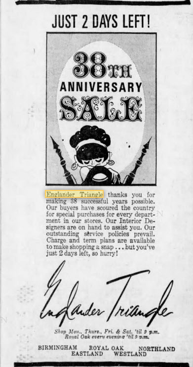 Englander Triangle - 1969 Ad Mentioning 38 Years In Business (newer photo)